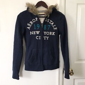 Aeropostale Navy Blue Faux Fur Lined Hoodie Jacket